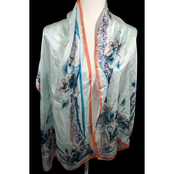 Diamantine Blue Floral Silky Lightweight Scarf - Picture 3 of 7
